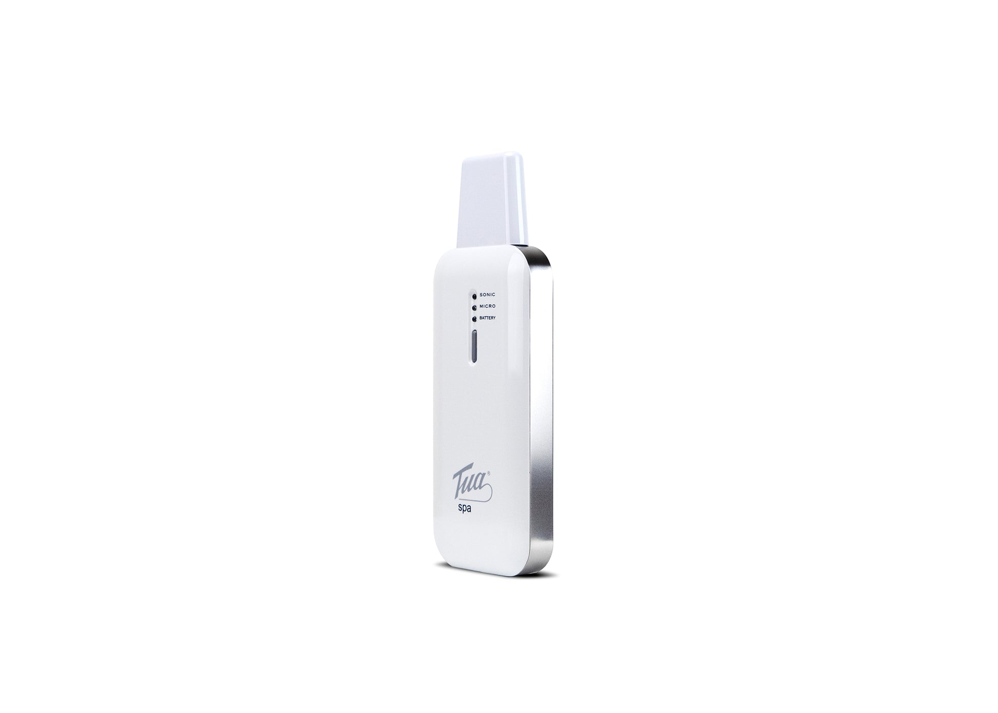 Tua Spa microcurrent facial toning device shown with ergonomic stainless steel design.