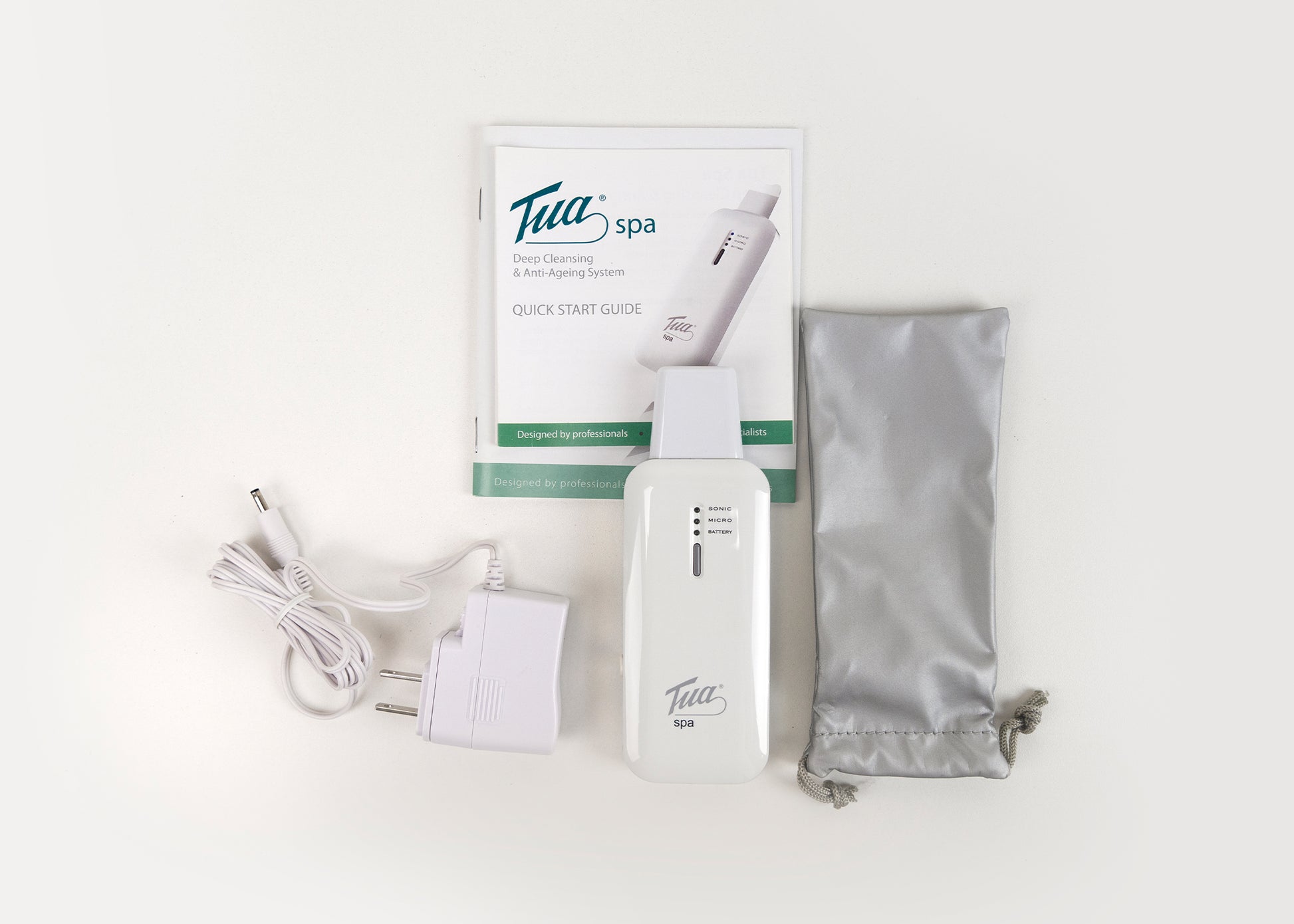 Complete set of Tua Spa, an at home microcurrent facial toning device.